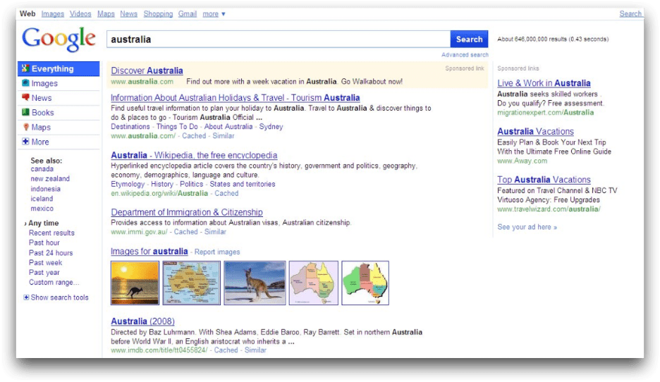 Old Google search results for Australia from around 2014