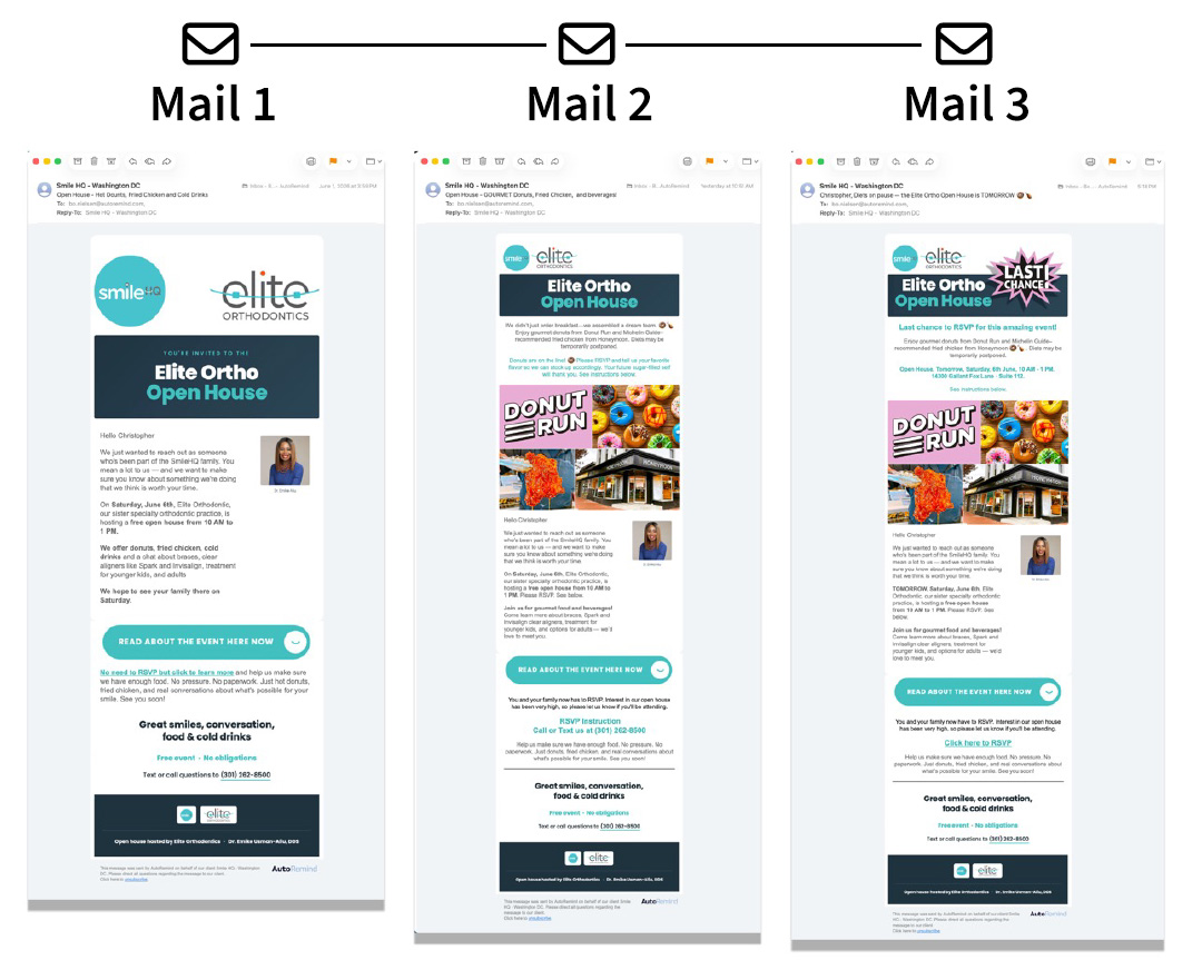 Smile HQ campaign mass messages — drip sequence 1, 2, 3
